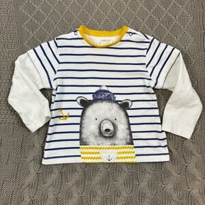 Mayoral Striped Bear Print Long Sleeved Shirt - Blue and White ~ 12M